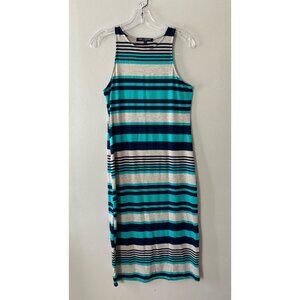 Tank Dress Sz L Maxi Stretch Turquoise Blue Striped Tube Pullover Slim Fit